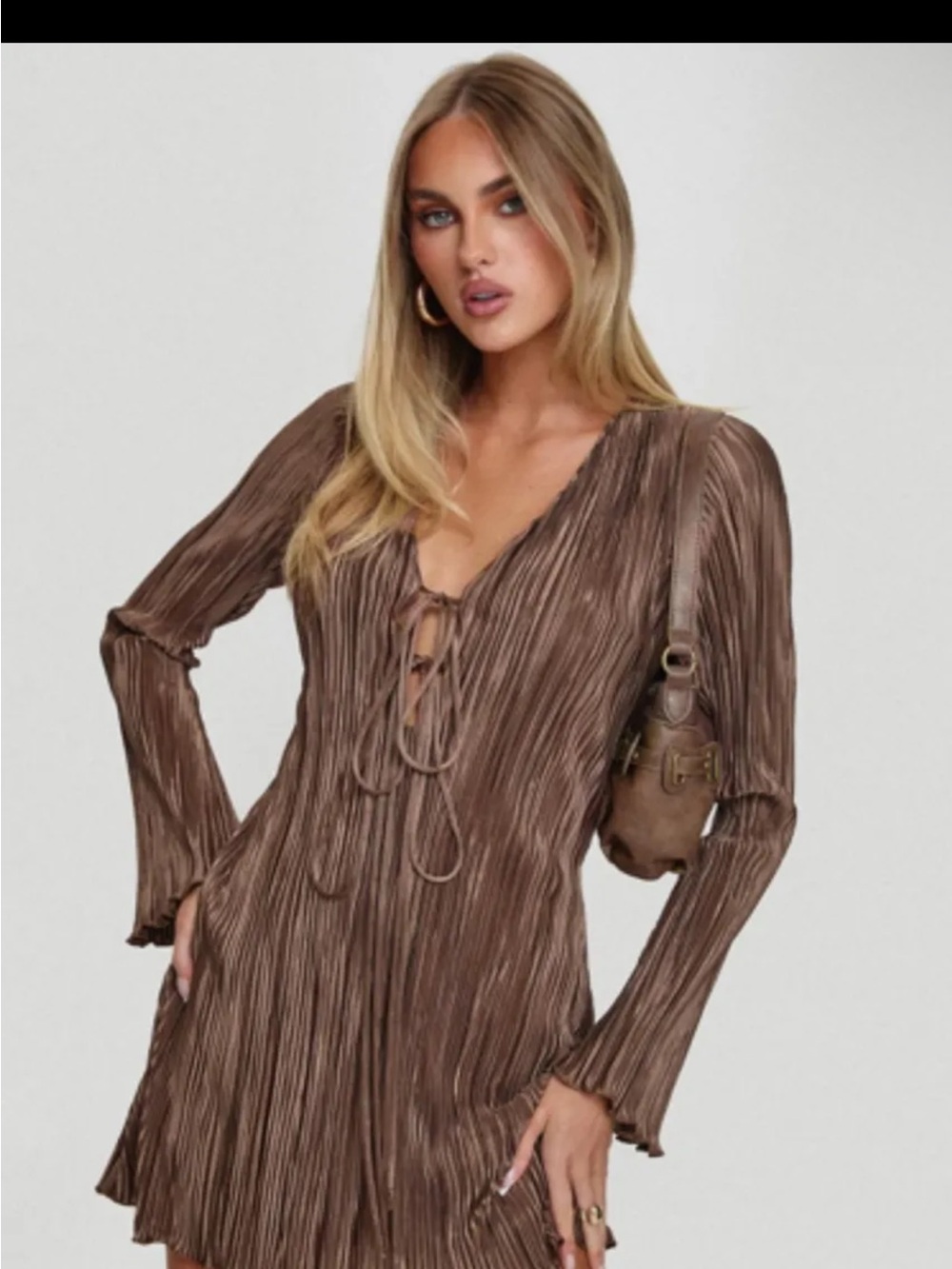 Princess Polly Brown Plissé Long Sleeve Mini Dress